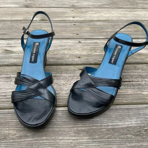 Etienne Aigner Women Shoes Wedge Heel Black Leather Upper Sandal Size 9M - Picture 2 of 12